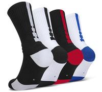 Finerview Men Basketball Socks, 4 Pack Cushion Performance Crew Athletic Socks for Adult & Youth Kids, Black/White/Blue/Red, Large