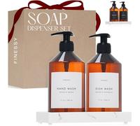 FINESSY Amber Hand Dish Soap Dispenser for Kitchen Countertop and Bathroom with Tray Set for Refillable Liquid Detergent Dishwasher and Lotion Bottles, Farmhouse Kitchen Soap Dispenser Set with Pump