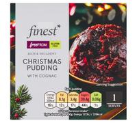 Finest Free From Christmas Pudding with Cognac 100g, Christmas pudding made with gluten free flour, cider, glacé cherries, Cognac, almonds, pecan nuts and brandy,
