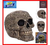 Finest Resin Hand-Painted 11.5cm Black & Gold Paisley Skull - Unique Art Piece
