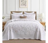 FineStichery 100% Cotton Oversized Bedspread Quilt Coverlet Set, 128"x120" Extra Large Cal King Bedspreads with Pillow Shams, Lightweight Embroidered Bedding Cover 3 Piece, White/Beige