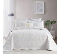 FineStichery 100% Cotton Oversized Bedspread Quilt Coverlet Set, 128"x120" Extra Large Cal King Bedspreads with Pillow Shams, Lightweight Embroidered Bedding Cover 3 Piece, White/Beige