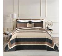 FineStichery 100% Cotton Oversized King Bedspread, 120x120 Extra Large Quilt Set, Farmhouse Striped Quilted Bedding Set, Lightweight Soft Comforter, 3 Piece, Charcoal/Brown/Beige/Tan