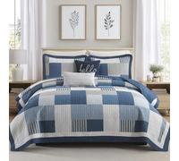 FineStichery 5-Piece Queen Quilt Set, 100% Cotton Plaid Patchwork Bedding Set, Reversible Quilted Bedspread Coverlet, Lightweight Soft Thin Comforter, All Season, Blue/Gray/White