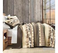 FineStichery Cabin Queen Quilt Set, 100% Cotton Farmhouse Quilted Bedspreads, Bear Forest Tree Lightweight Comforter, Reversible Bedding Set, 3 Pieces, Brown/Beige/Green