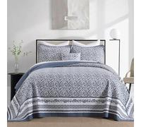 FineStichery Cotton King Bedspreads 120"x120" - Oversized Quilt Set with Pillow Shams, Farmhouse Botanical Pattern Lightweight Coverlet, Quilted Reversible Bedding Set, Blue/White