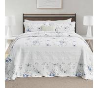 FineStichery Floral Bedspreads King Size Extra Wide, 128x120 Oversized Quilt Bedspread Coverlet, 100% Cotton Blue and White Bedding Set with Shams, Lightweight Soft Quilted Thin Comforter, 3 Piece