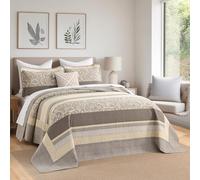FineStichery Lightweight Queen Bedspreads 120x102, 100% Cotton Oversized Quilt, Striped Botanical Pattern Coverlet, Reversible Farmhouse Quilted Bedding Set 3 Piece, Brown/Taupe/Cream
