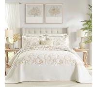 FineStichery Oversized King Bedspread 120x120, 100% Cotton Cal King Quilt, Extra Large Embroidery Botanical Bedspread Coverlet, Lightweight Comforter, All-Season, 3pc, Beige