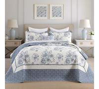 FineStichery Oversized King Bedspreads 120"x120", 100% Cotton Floral California King Quilt Extra Large Coverlet, Lightweight Farmhouse Quilted Bedding Set 3 Piece, Blue/Cream