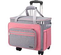 FINESUN Foldable Deluxe Rolling Sewing Machine Carrying Case - Sewing Machine Carrying Case with Wheels for Brother, Singer, Bernina and Most Machines (Pink Grey)