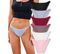 FINETOO 6 Pack String Underwear for Women Cotton High Cut Stretch Breathable Low Rise Hipster Cheeky Bikini Panties S-XL, 6 Pack A(black+white+gray+wine Red+pink+dark Purple), L