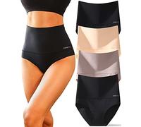 FINETOO Tummy Control Underwear for Women High Waisted Nylon Brief No Show Womens Bikini Seamless Panties 4pack S-XXXL, Black+black+nude+khaki, L