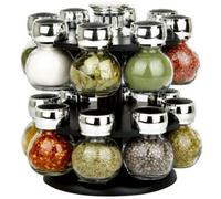 Finetree Rotating Revolving Plastic 16 Jar Spice Rack Storage Glass Jars & Chrome Lids