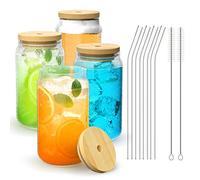 Finew Glass Cups with Bamboo Lids and Straws, 4 Set 16oz Iced Coffee Cup, Can Shaped Cups, Glasses, Tumbler Straw Lid for Beer, Cocktail, Tea, Soda, Smoothie, Transparent