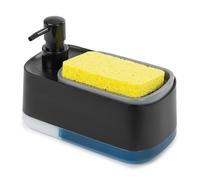 Fineway 2-in-1 Dishwashing Liquid and Soap Dispenser with Sponge Holder -Dual-Compartment Design, Non-Slip Feet, Transparent Base for Liquid Levels, Durable ABS Plastic & 304 Stainless Steel (Black)