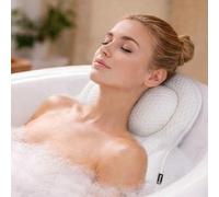 Fineway Bath Pillow - Breathable 3D Mesh Bath Pillow for Head and Neck with 6 Suction Cups, Hanging Hook and Air Mesh Technology - Ergonomic Design Bath Cushion Pillow for Bathtub - White