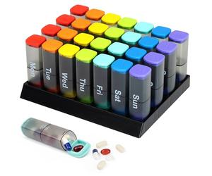 Fineway Monthly Pill Organiser - 28-Day Pillbox Medicine Organizer with AM & PM Compartment - 4 Weeks Colour Coded Medication Organizer with Case - Pill Box Organizer for Travel (Transparent Black)