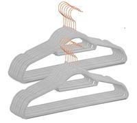 FiNeWaY PACK OF 50 Heavy Duty Non Slip Flocked Velvet Hanger Coat Clothes Trousers Hanging Hangers (Grey With Rose Gold Hook)