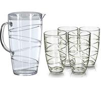FiNeWaY Set of 5 Swirl Plastic Acrylic Drink Tumblers Glasses Hi Ball Glass with 2L Pitcher Jug with Lid Party Picnic BBQ Camping Garden (5pc Clear Set)
