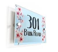 Finger prints - Pink Cherry Blossom Light Blue Acrylic House Sign - Personalised