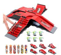 Finger Skateboards Ramp Set, 6 in 1 Fingerboard Skatepark Deck with 6 Skateboards 6 Fingerboard Ramps & Display Holder, Mini Finger Toy for Kids Adults Birthday Gift (Red)