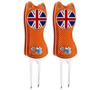 FINGER TEN Golf Divot Repair Tool Switchblade with Ball Marker Value 2 Pack, Stainless Steel Pitchfork with Pop-up Button Magnetic Marker Foldable Portable Gifts (2 Pack in Orange)