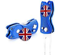 FINGER TEN Golf Divot Repair Tool with Ball Marker Value 2 Pack, Stainless Steel Magnetic Marker Color Red Blue Black Foldable Portable Gifts for Men Women Golfer (Blue Cat-2 Pack)