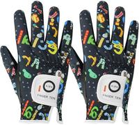 FINGER TEN Golf Gloves Kids Youth All Weather Soft for Left Right Hand Rain Grip Breathable Value 2 Pack, Golf Gloves Kid for Wear-Resistant Non Slip (Black, Large, Right)