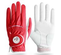 FINGER TEN Golf Gloves Men Right Hand Left Leather with Ball Marker All Weather Value Pack, Mens Golf Glove Wear Resistant Stable-Grip Weathersof for Swing (Red, M-Worn on Left Hand)