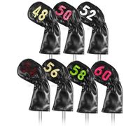 FINGER TEN Golf Wedge & Iron Club Headcovers with Colorful Degree Labels Value 7 Pack, Waterproof Pu Leather Long Neck Protection Head Cover, Universal Fit for Men Women Golfers (Black-7 Pack)