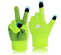 FINGER TEN Kids Running Gloves Winter Cycling Warm Knitted Thermal, Touchscreen Glove Non-Slip for Work Driving Ridding Sport Outdoor (Green, Age 5-12)