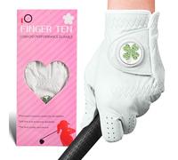 FINGER TEN Women’s Golf Gloves All Cabretta Leather With Ball Marker 1 Pack, Premium Soft & Flexibility Ladies for Left Right Hand, Available in White - Sizes S to XL (Four Leaf Clover, XL, Left)