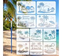 FINGERINSPIRE 10PCS Palm Tree Stencils with Brush 10Styles Summer Seaside Scene Stencils Dolphins Stencil Sun Beach Stencil Summer Theme Tempplate for Painting on Wood Wall Furniture DIY Home Decor