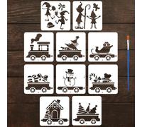 FINGERINSPIRE 10Styles Christmas Elf Train Stencil with a Brush 11.8x11.8Inch Christmas Decorative Painting Stencils Snowman Trees Drawing Stencils PET Winter Themes Template for Wall Decoration