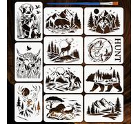 FINGERINSPIRE 11PCS Hunting Scenery Stencils with Brush 21x29.7cm Wild Animals Stencils Mountains and Forests Scenery Stencil Bears Deer Wolves Fishing Cattle Pattern Nature Theme Stencil
