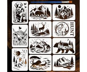 FINGERINSPIRE 11PCS Hunting Scenery Stencils with Brush 21x29.7cm Wild Animals Stencils Mountains and Forests Scenery Stencil Bears Deer Wolves Fishing Cattle Pattern Nature Theme Stencil