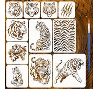 FINGERINSPIRE 11PCS Tigers Painting Stencils with Paint Brush 15cm/20cm/30cm/A4 Plastic Tiger Head Drawing Template Reusable Tiger Skin Paw Stencil Animal Theme Template for Painting on Wood Floor