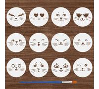 FINGERINSPIRE 12 Pcs Cartoon Animal Expressions Painting Stencil with Brush 15cm Round 12 Styles Animal Face Drawing Template Cute Expressions Pattern DIY Stencil for Painting on Wood Wall Furniture