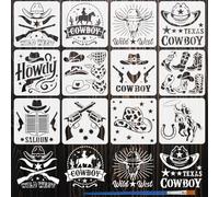 FINGERINSPIRE 12 Pcs Cowboy Painting Stencil with Brush 15x15cm Cowboy Hat Rifle Star Rope Bandana Bull Skull Horseshoe Drawing Template Western Theme Stencil for Painting on Wood Wall Fabric