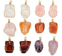 FINGERINSPIRE 12 Pcs Irregular Natural Gemstone Pendant Gold Plated Wire Wrapped Pendants Amethyst Quartz Green Red Aventurine Tiger Eye Pendants Healing Crystal Stone Charms for Jewelry Making