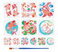 FINGERINSPIRE 12 PCS Koi Fish Painting Stencil with 1 Pc Paint Brush Reusable 12 Styles Decorative Fish Stencil Orient Lucky Koi Template for Painting on Wall Wood Furniture DIY Home Decoration