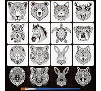 FINGERINSPIRE 12 Styles Mandala Texture Animal Stencils with a Brush 30X30cm Tiger Bear Owl Tiger Bear Owl Horse Leopard Deer Dog Turtle Lion Cat Wolf Rabbit Painting Stencil Animal Theme PET Template