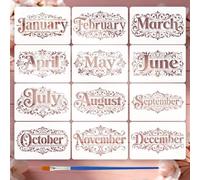 FINGERINSPIRE 12PCS 12 Months Painting Stencils with Paint Brush 12x18cm Vintage Calligraphy Template Fancy Cursive Script Flourish Stencil Words Theme Template for Painting on Wall Floor