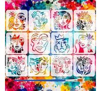 FINGERINSPIRE 12Pcs Abstract Face Patterns Stencils with a Brush 3.9x3.9Inch Sun Moon Painting Stencil Birds Flowers Swords Leaves Stencils Human Themes PET Template for Wood Floor Wall Fabric DIY