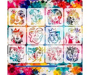 FINGERINSPIRE 12Pcs Abstract Face Patterns Stencils with a Brush 3.9x3.9Inch Sun Moon Painting Stencil Birds Flowers Swords Leaves Stencils Human Themes PET Template for Wood Floor Wall Fabric DIY