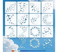 FINGERINSPIRE 12PCS Bird Flock Painting Stencils with Paint Brush 15x15cm Sky Bird Silhouette Drawing Template Migration Pattern Stencil DIY Animal Theme Template for Painting on Floor Furniture