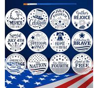 FINGERINSPIRE 12Pcs Celebration Patterns Stencils with a Brush 30x30cm Celebrate Painting Stencils Round Text Nation Stencil PET Independence Day Themes Template for Wood Floor Tile Wall Furniture