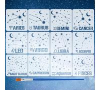 FINGERINSPIRE 12Pcs Constellations Stencils with a Brush 15x15cm PET Constellations of the Twelve Zodiac Signs Stencils Stars Moon Painting Stencil for Wood Floor Tile Wall Fabric Furniture DIY
