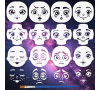 FINGERINSPIRE 12PCS Facial Expression Painting Stencils with Paint Brush 10x10cm Reusable Cartoon Face Drawing Template Face Art Stencil DIY Character Theme Template for Painting on Furniture